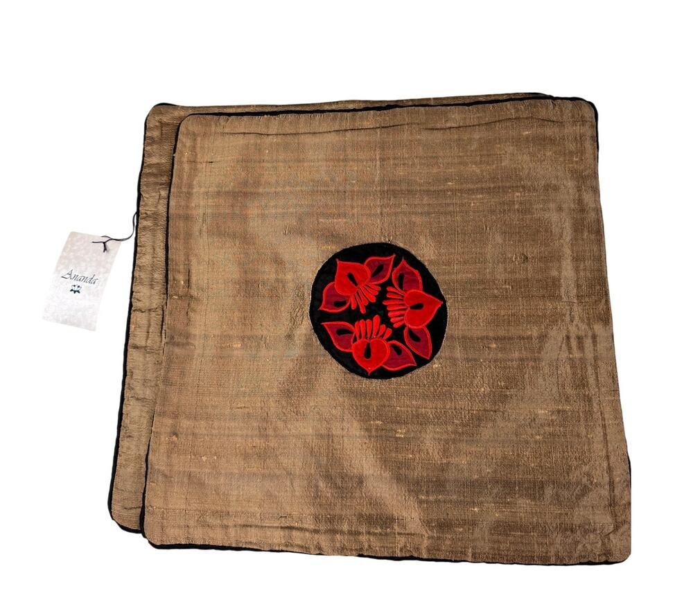 Ananda Bronze Pillowcases Silk Asian Motif Home Decor Euro Sham Covers Set of 2